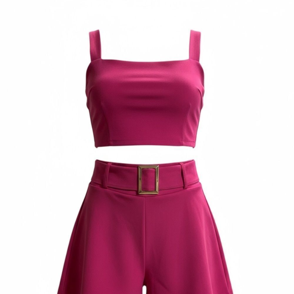 Kelle dance costume 2 piece hot pink top buckle shorts SA-Small adult